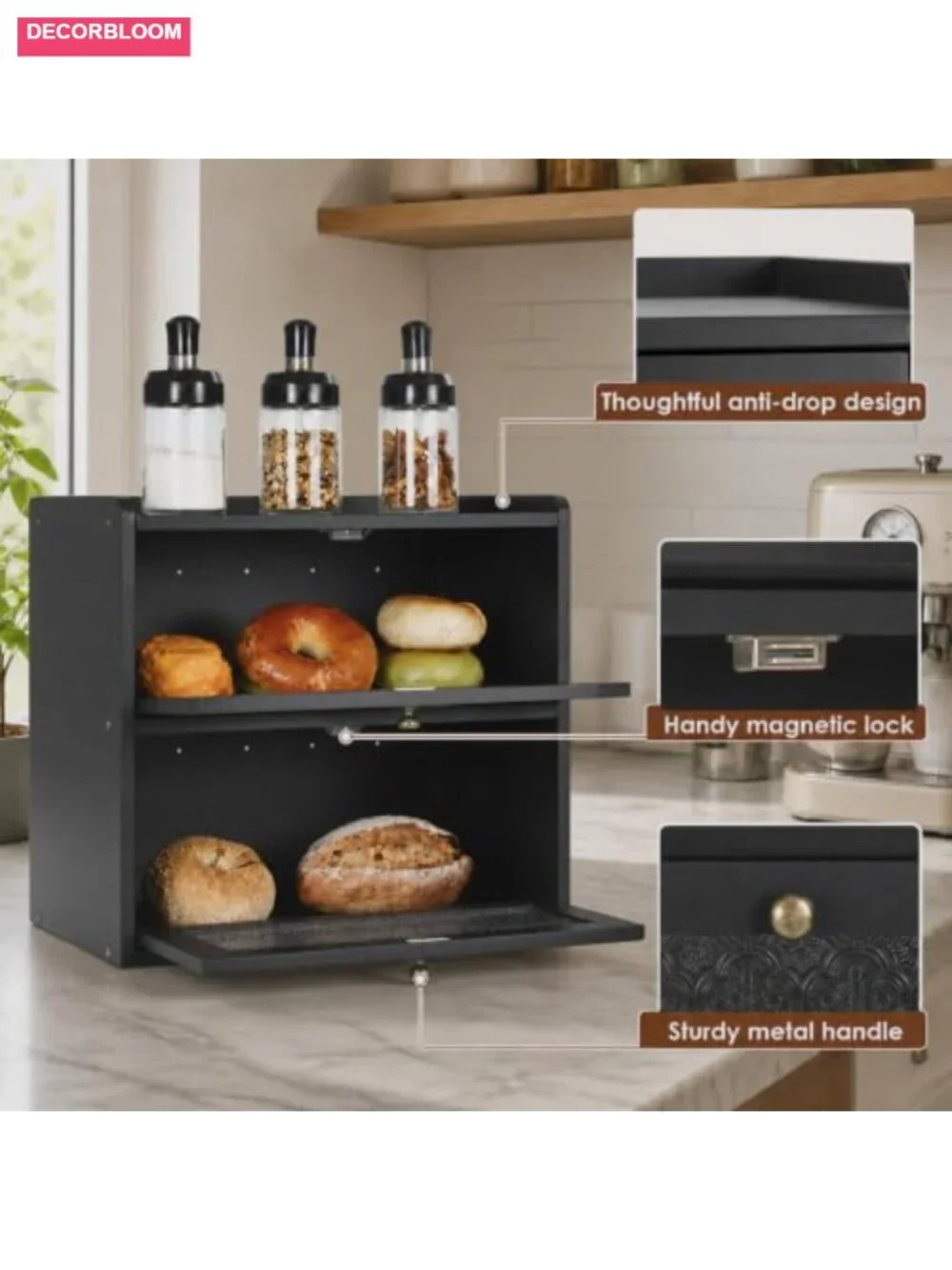Large Pine Wood Bread Box with Magnetic Doors and Air Vents for Kitchen Counter